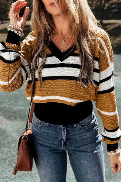 Dark Slate Gray Striped V-Neck Dropped Shoulder Sweater