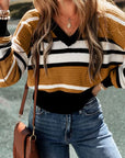 Dark Slate Gray Striped V-Neck Dropped Shoulder Sweater