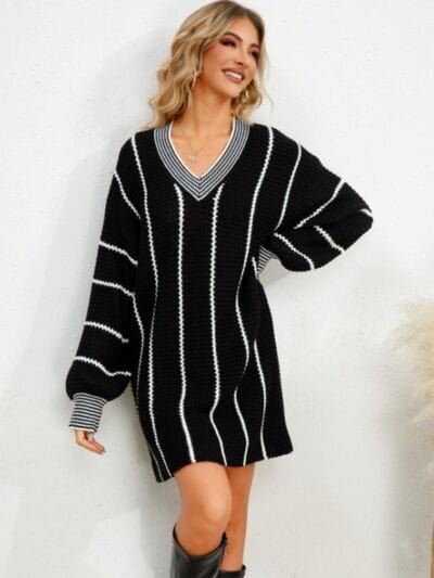 Black Striped V-Neck Long Sleeve Mini Dress