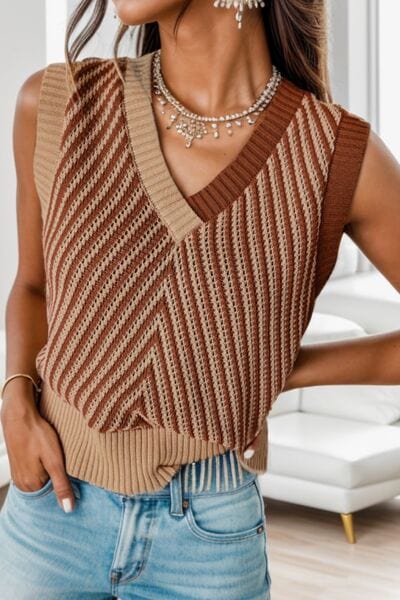 Rosy Brown Striped V-Neck Sweater Vest