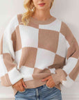 Gray Checkered Round Neck Drop Shoulder Long Sleeve Sweater