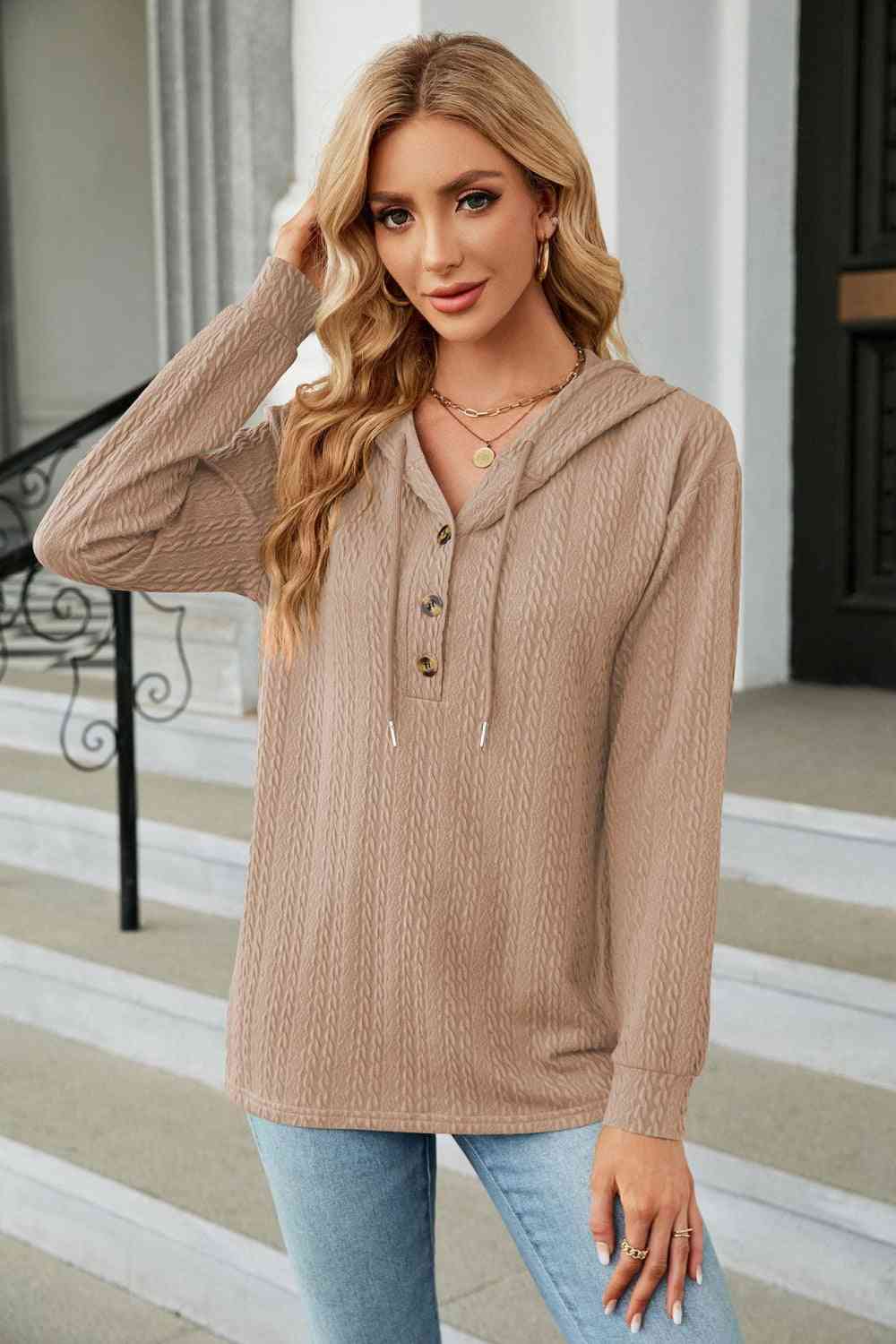 Rosy Brown Cable-Knit Long Sleeve Hoodie