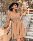 Rosy Brown Crochet V-Neck Balloon Sleeve Dress