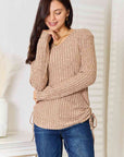 Light Gray Double Take Drawstring Ribbed Long Sleeve T-Shirt