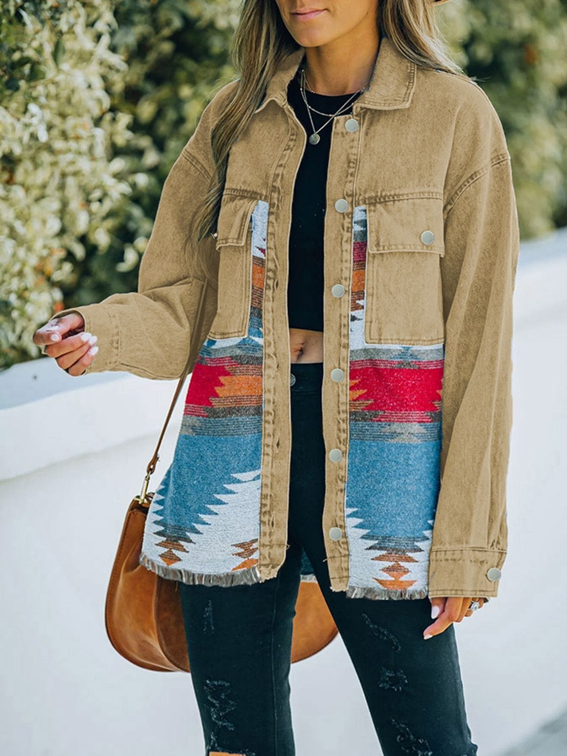 Rosy Brown Dropped Shoulder Long Sleeve Printed Denim Jacket