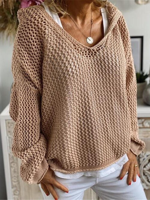 Rosy Brown Openwork Hooded Long Sleeve Sweater