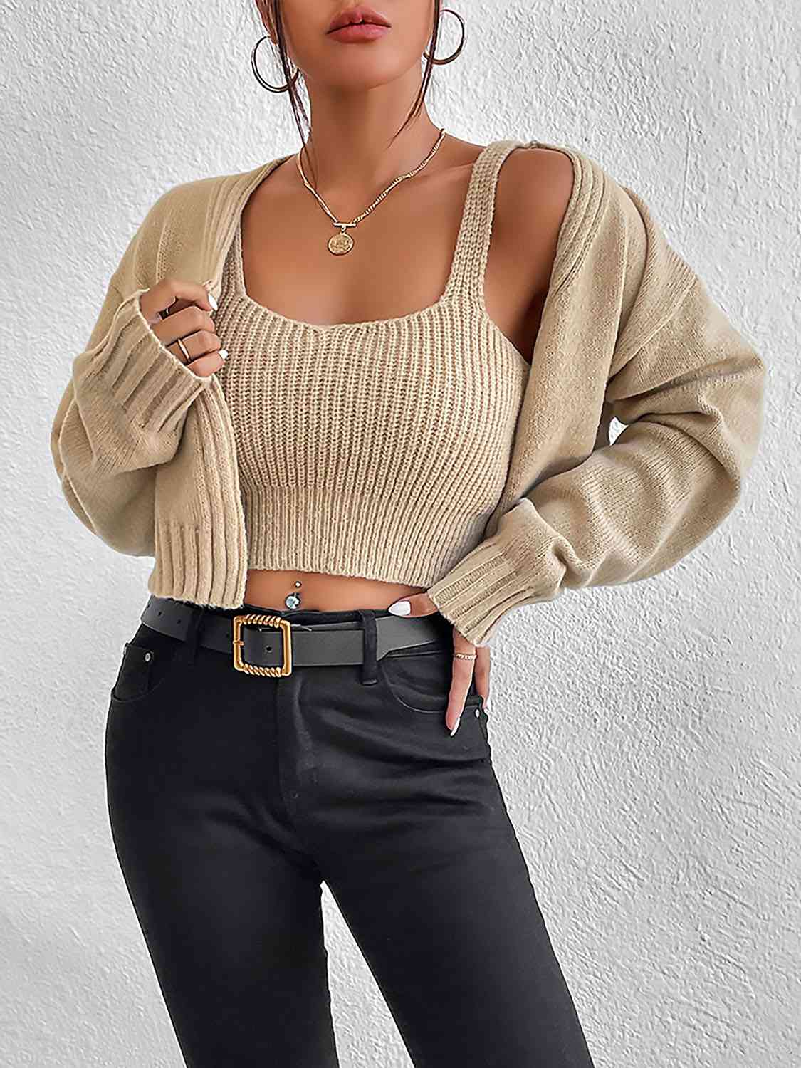 Gray Plain Sweater Cami and Cardigan Set