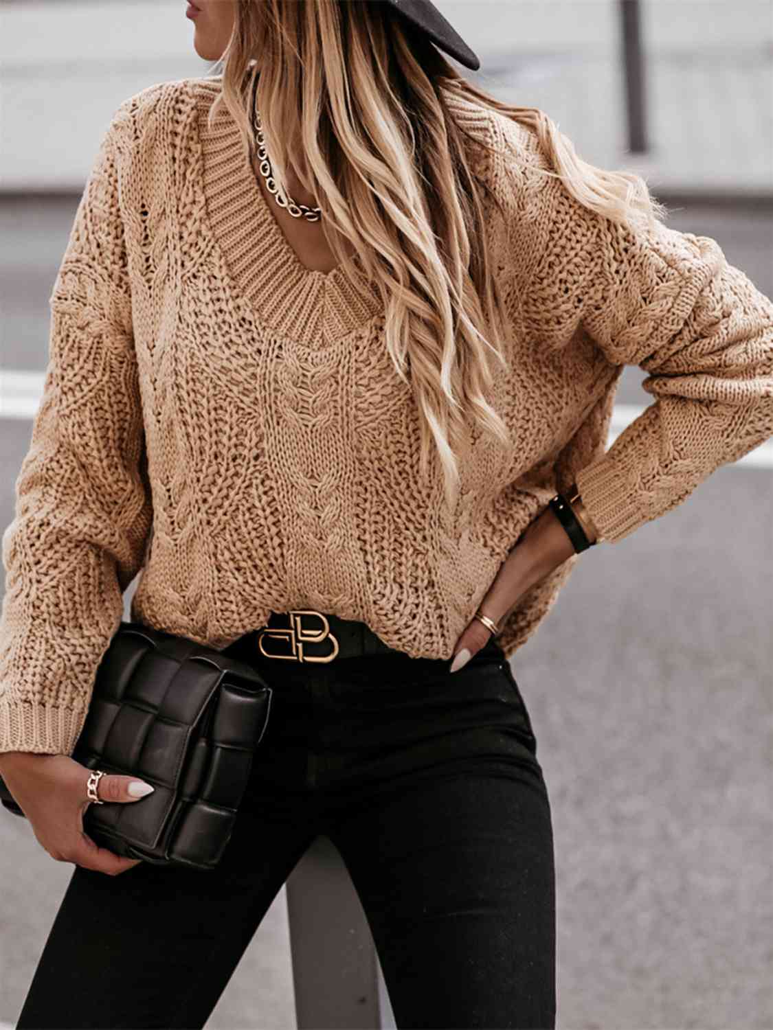 Rosy Brown V-Neck Cable-Knit Long Sleeve Sweater