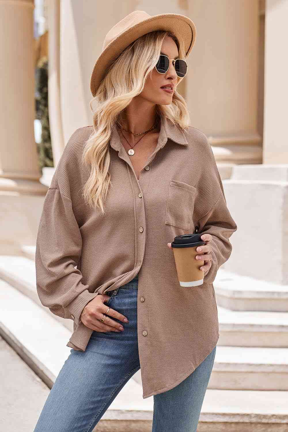 Rosy Brown Collared Neck Dropped Shoulder Shirt