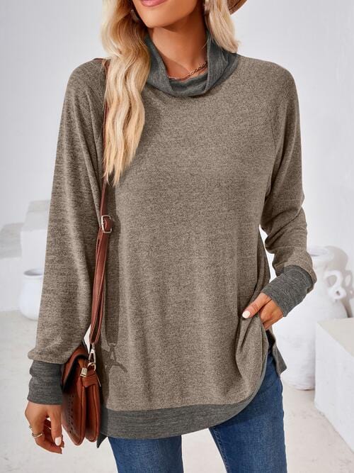 Slate Gray Contrast Mock Neck Long Sleeve T-Shirt