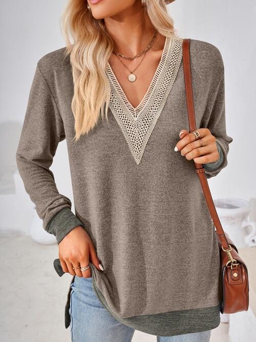 Rosy Brown Crochet Contrast V-Neck Long Sleeve Slit T-Shirt