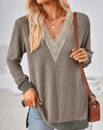 Rosy Brown Crochet Contrast V-Neck Long Sleeve Slit T-Shirt