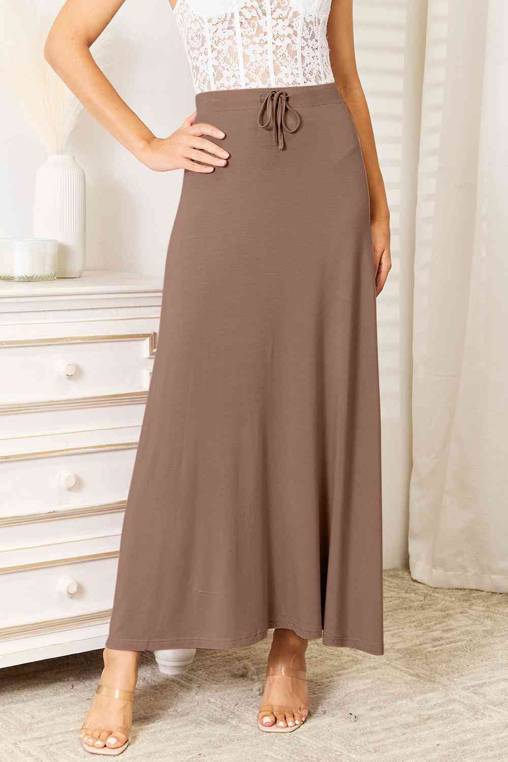Light Gray Double Take Full Size Soft Rayon Drawstring Waist Maxi Skirt Rayon