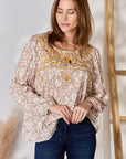 Gray Hailey & Co Embroidered Printed Balloon Sleeve Blouse