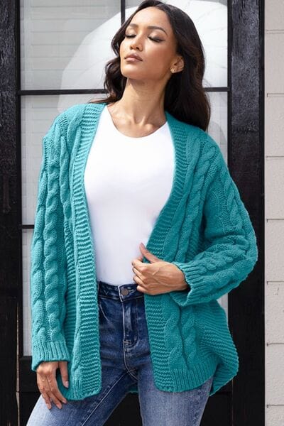 Gray Open Front Cable-Knit Cardigan