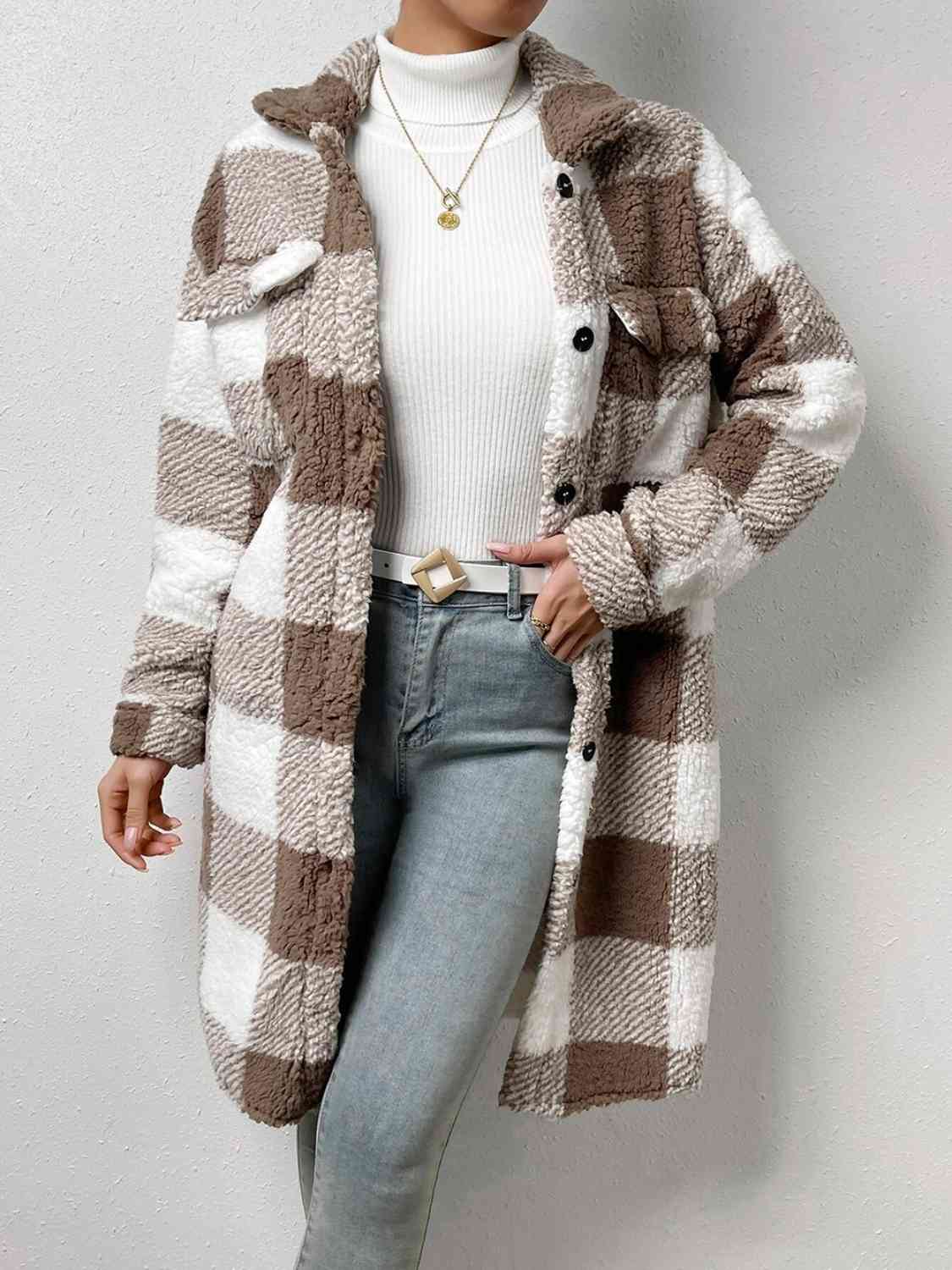 Gray Plaid Collared Neck Button Down Coat