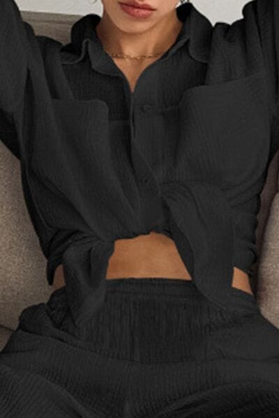 Black Texture Button Up Long Sleeve Shirt and Pants Set