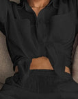 Black Texture Button Up Long Sleeve Shirt and Pants Set