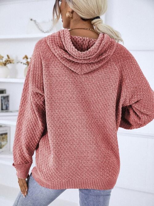 Rosy Brown Texture Drawstring Long Sleeve Hooded Sweater