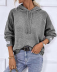 Gray Texture Drawstring Long Sleeve Hooded Sweater