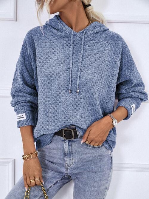 Light Slate Gray Texture Drawstring Long Sleeve Hooded Sweater