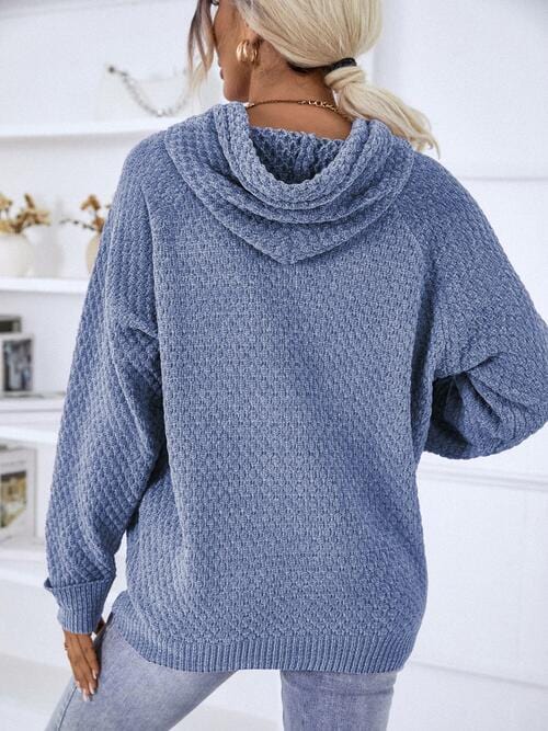 Light Slate Gray Texture Drawstring Long Sleeve Hooded Sweater