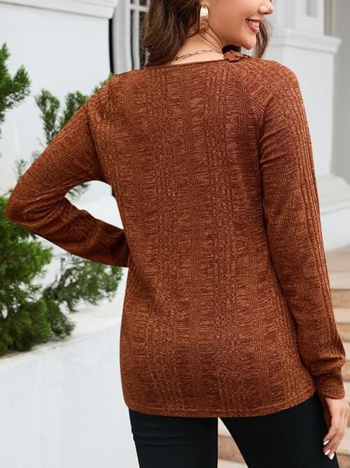 Saddle Brown Texture Round Neck Long Sleeve Knit Top