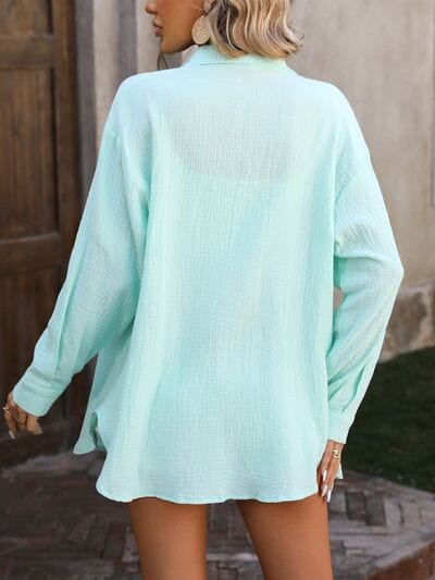 Light Steel Blue Textured Button Up Dropped Shoulder Shirt