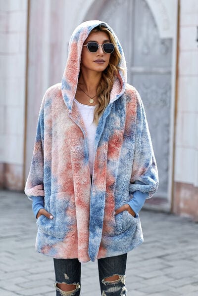 Gray Tie-Dye Plush Hooded Jacket with Pockets