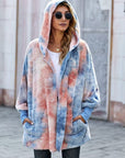 Gray Tie-Dye Plush Hooded Jacket with Pockets