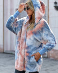 Dark Gray Tie-Dye Plush Hooded Jacket with Pockets