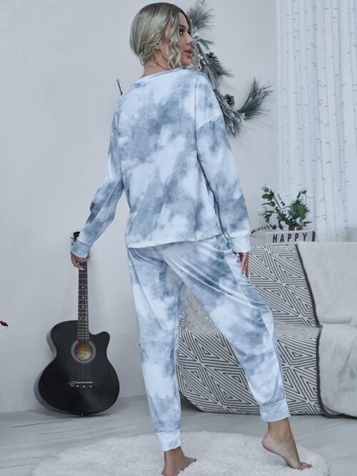 Gray Tie-dye Round Neck Top and Drawstring Pants Lounge Set