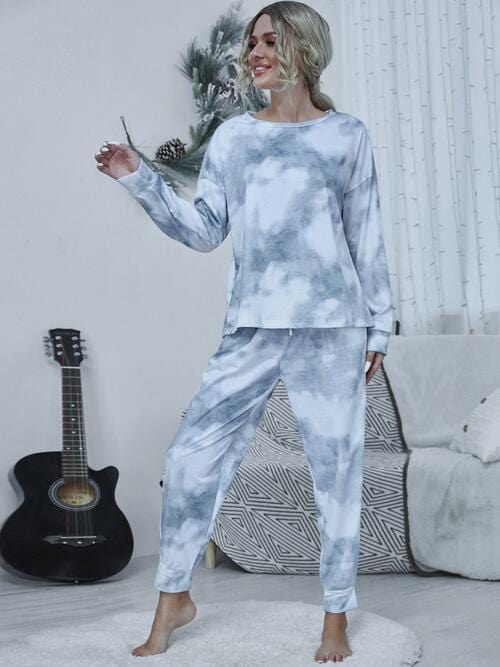 Gray Tie-dye Round Neck Top and Drawstring Pants Lounge Set