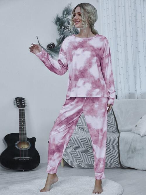 Gray Tie-dye Round Neck Top and Drawstring Pants Lounge Set