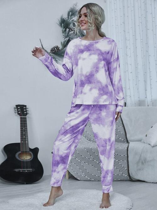 Gray Tie-dye Round Neck Top and Drawstring Pants Lounge Set