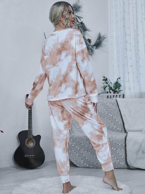 Gray Tie-dye Round Neck Top and Drawstring Pants Lounge Set