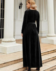 Black Tie Front Round Neck Long Sleeve Maxi Dress