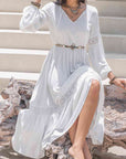 Gray Tie Neck Balloon Sleeve Midi Dress