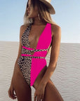 Gray Tied Leopard Plunge One-Piece Swimwear