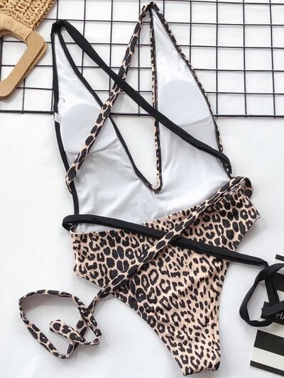 Light Gray Tied Leopard Plunge One-Piece Swimwear