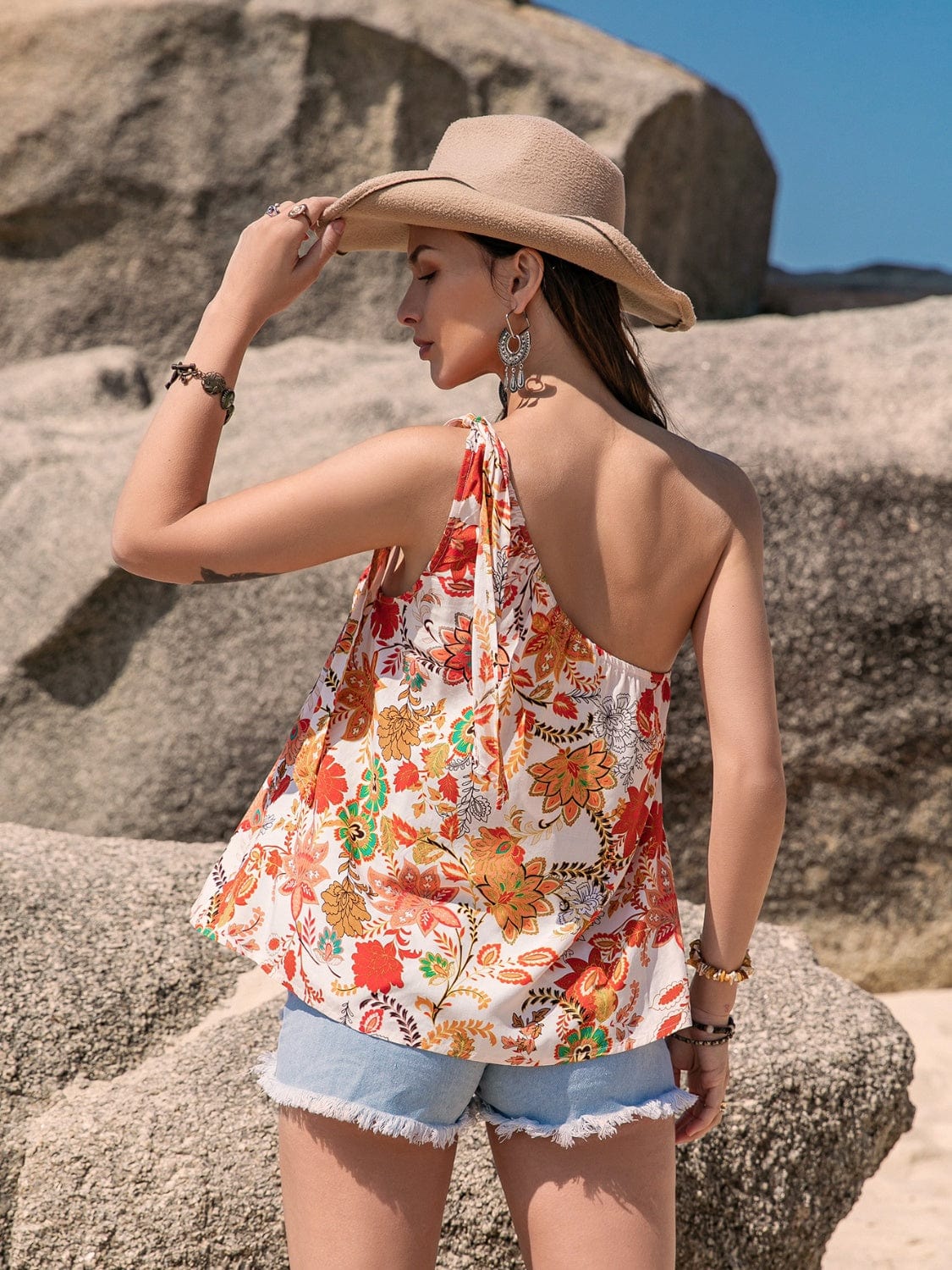 Rosy Brown Tied Printed One Shoulder Tank