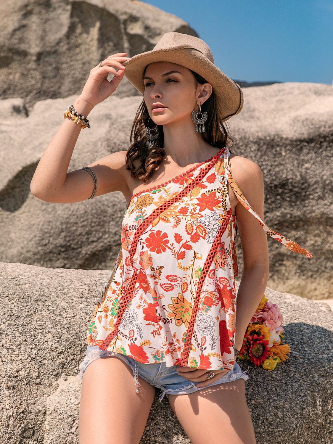 Rosy Brown Tied Printed One Shoulder Tank