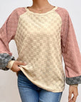 Light Gray Checkered Contrast Round Neck Long Sleeve T-Shirt