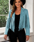 Dark Slate Gray Fringe Trim Lapel Collar Cropped Blazer