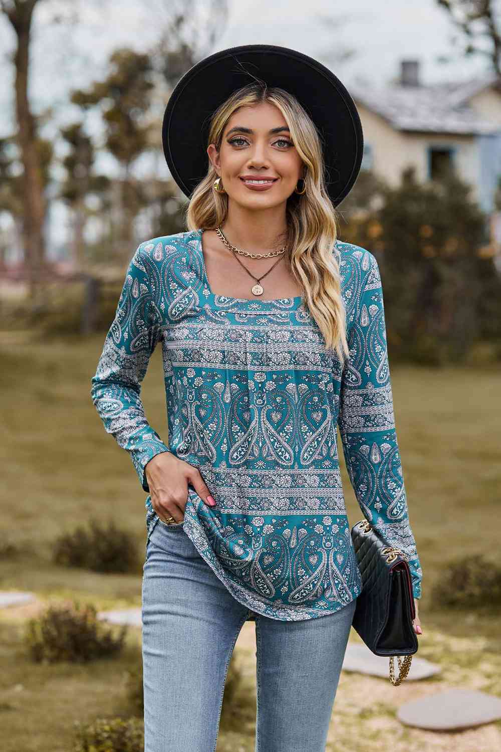 Dim Gray Printed Square Neck Long Sleeve Blouse