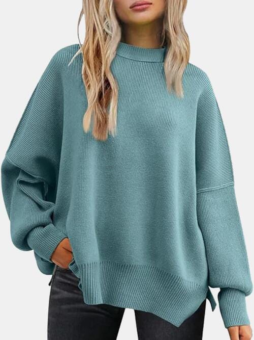 Slate Gray Round Neck Drop Shoulder Slit Sweater