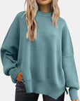 Slate Gray Round Neck Drop Shoulder Slit Sweater