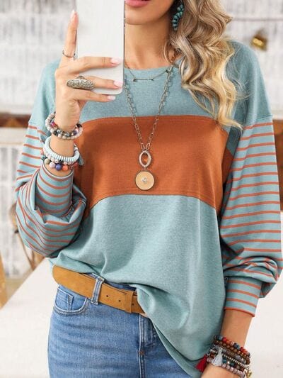 Gray Round Neck Striped Long Sleeve Slit T-Shirt