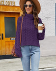 Gray Turtleneck Cable-Knit  Long Sleeve Sweater