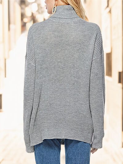 Gray Turtleneck Drop Shoulder Long Sleeve Sweater